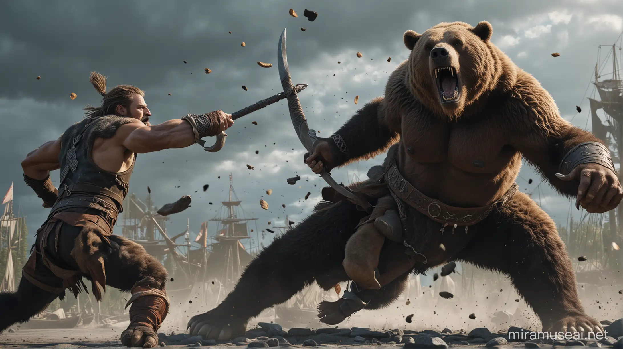bear attacking a Viking man photorealistic, vibrant, --ar 16:9 --seed 254 --v 5.0