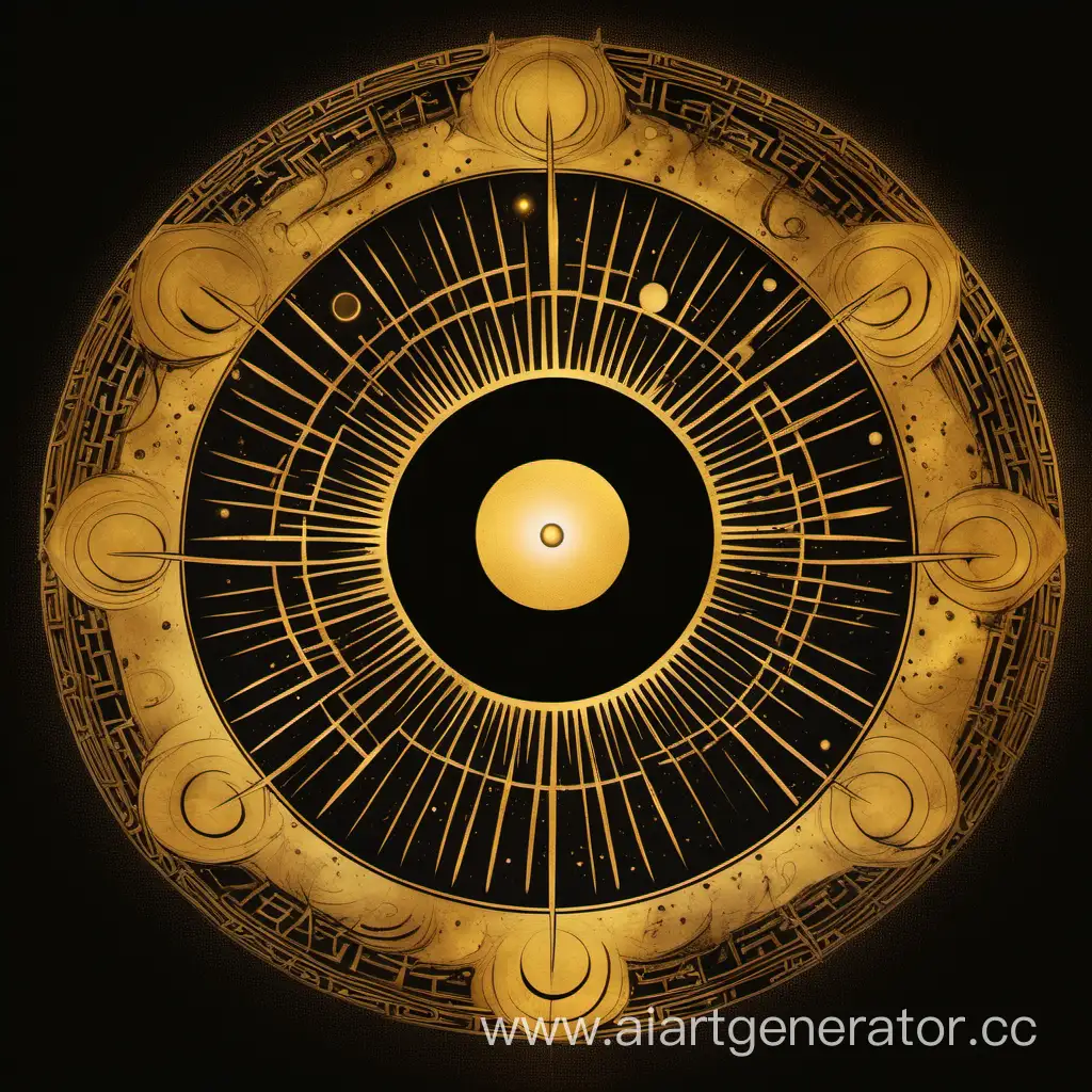A golden sun like figure in the center described as follows: a small hollow circle with 8 symmetrical rays. At the very center of the hollow circle there's a smaller golden circle. The background is pitch black. Everything is black except the golden hollow sun in the center and the smaller circle inside it.