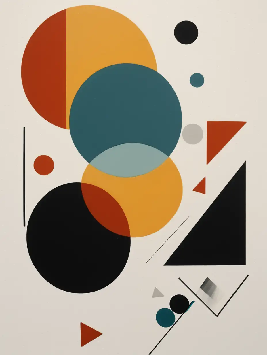 Abstract, modern art, minimalistic, simple shapes, large strokes. triangles and circles distand from each other. 