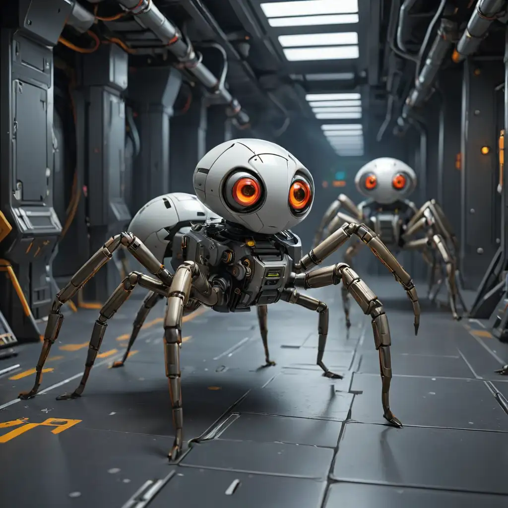 Robot Spiders Swarm Spaceship Corridor with Versatile Tools