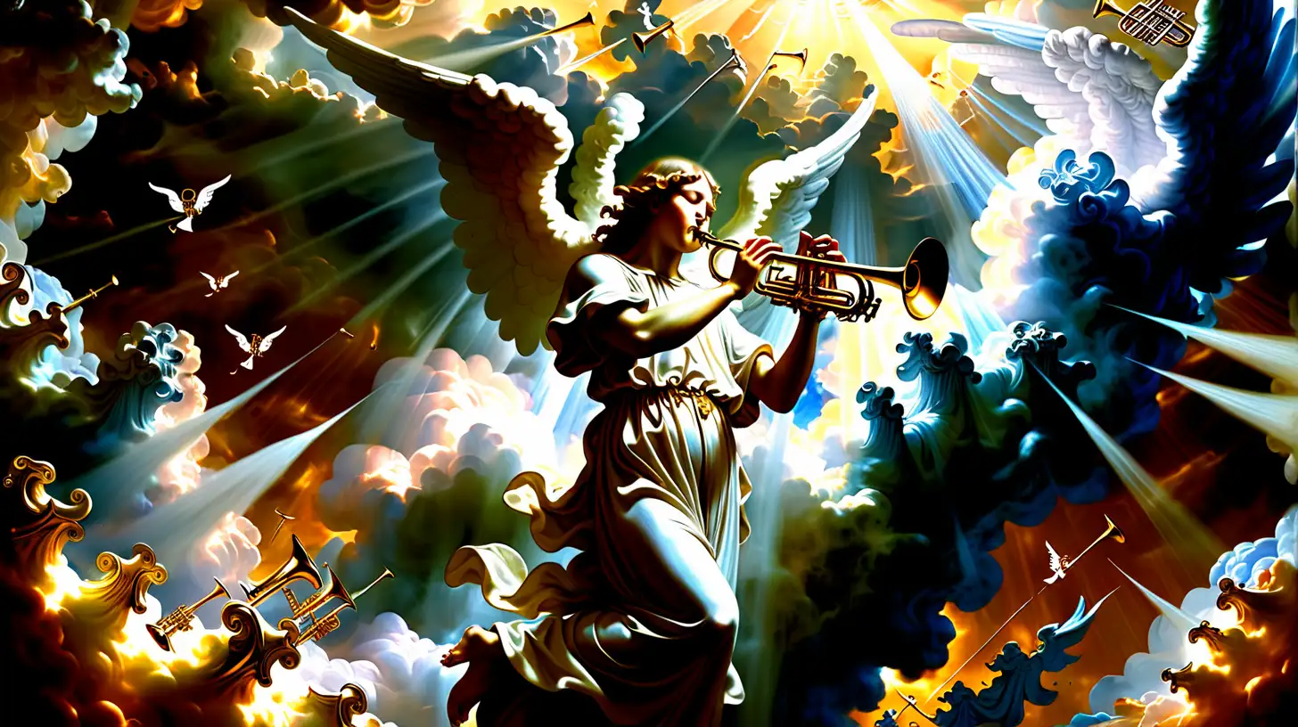 Apocalyptic Angel Playing Second Trumpet in Heavenly Clouds