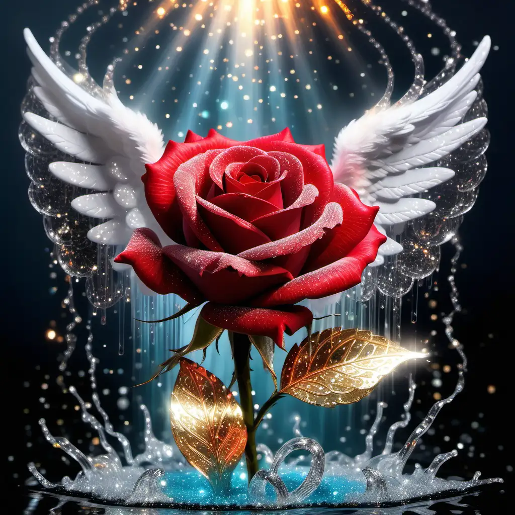 Enchanting red Rose with Angel Wings and Glittering Sparklecore Elegance in water coulor