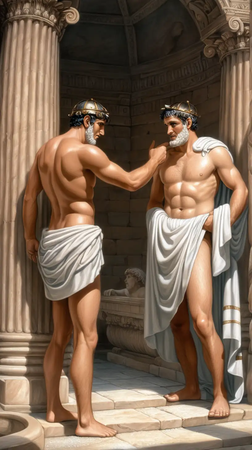 In ancient Rome, two men bathe and they wear underwear and the body is completely covered
