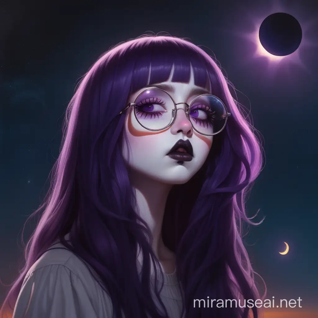 
Spooky portrait of pale white woman with round eyeglasses, long dark purple hair, with rosey bulbous nose and large glossy full pouty lips under a total solar eclipse