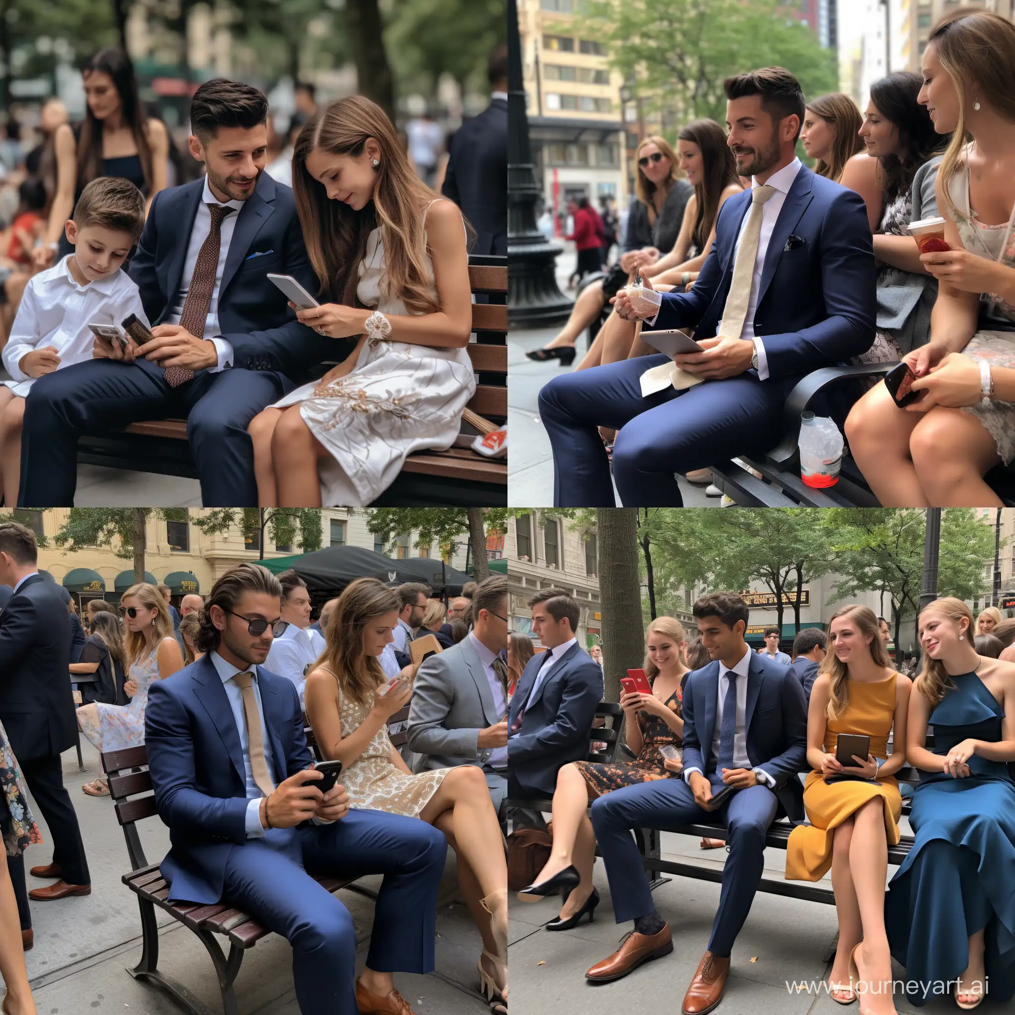 Man-and-Family-Celebrating-Wedding-Bliss-on-New-York-Bench-Candid-2019-Snapshot