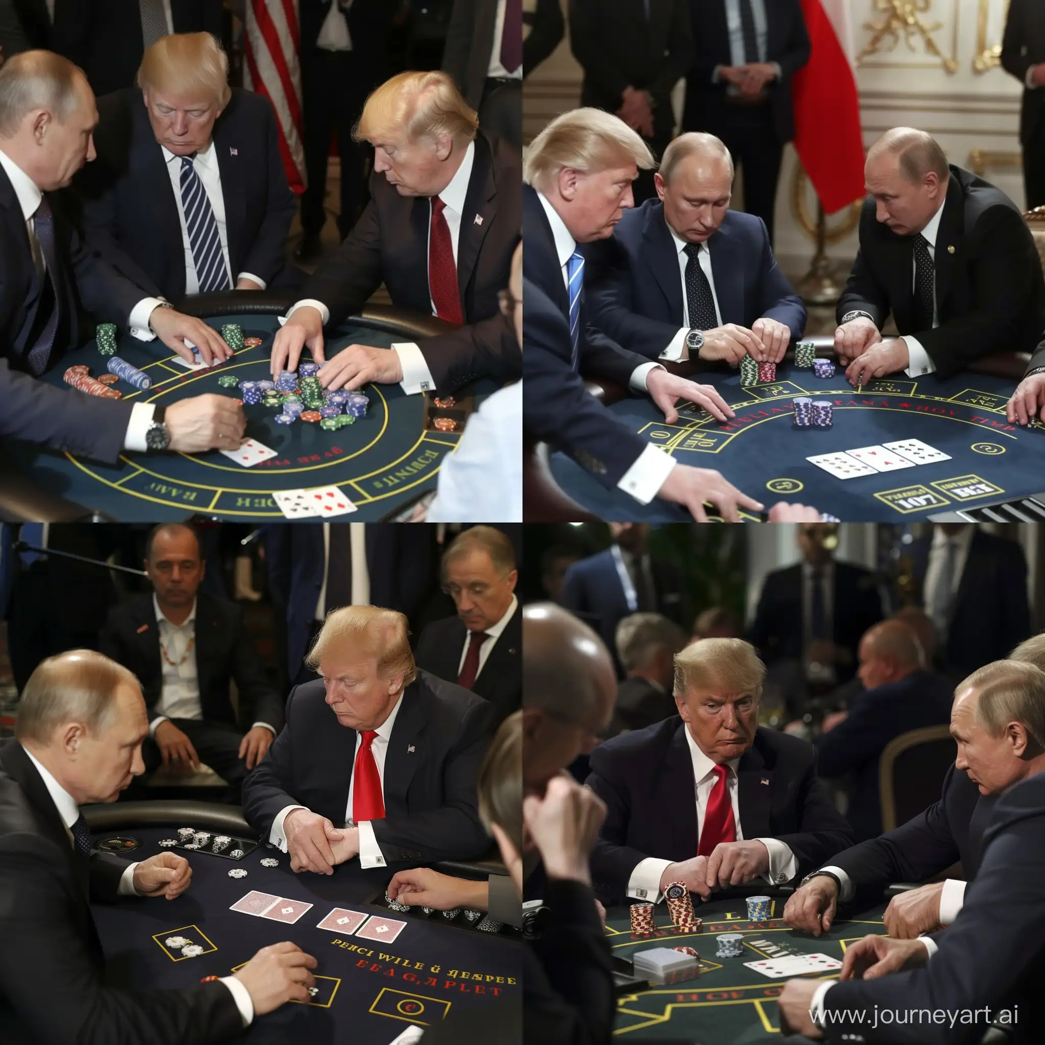 Putin and Trump playing poker with Europe on table