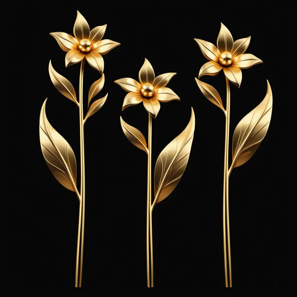 3 gold stylized flower stalks with leaves.  black background.