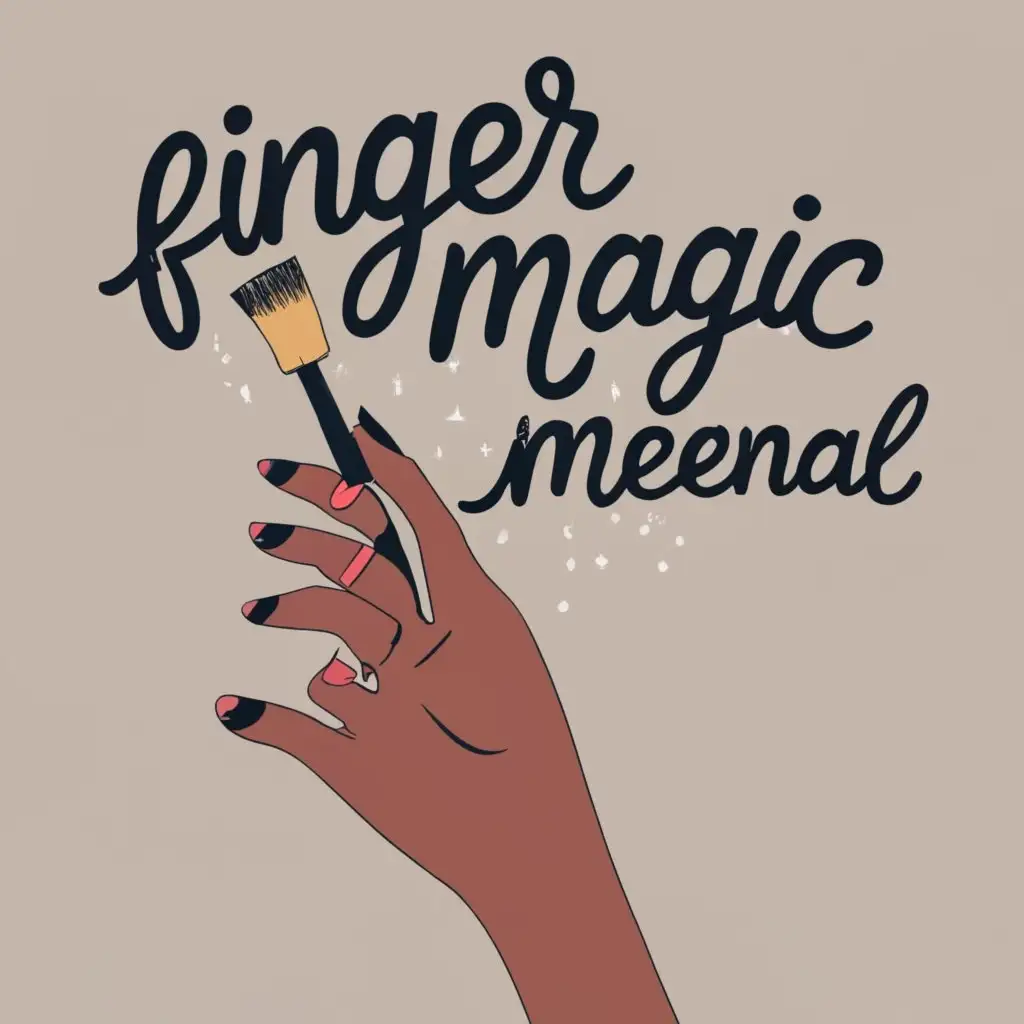 logo, Girl Hand holding paint brush smaller than logo name, text"Finger magic by meenal" used by painters Please properly write"by meenal ", with the text "finger magic by meenal", typography, be used in Beauty Spa industry
