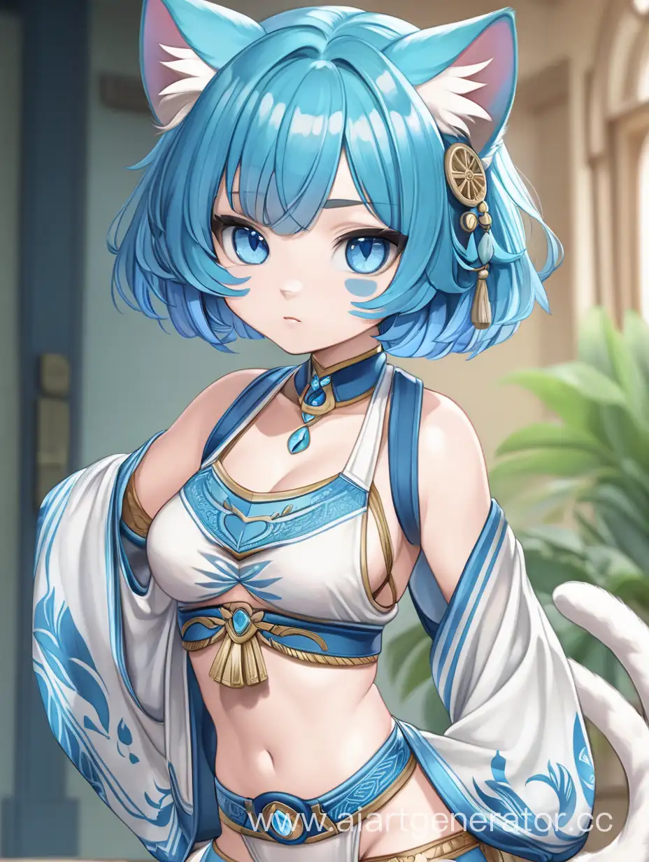 Cute cat girl with blue hair and blue eyes, short hair, dressed in a manahini costume