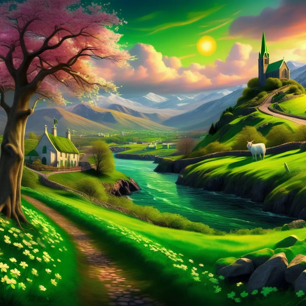 Create an enchanting spring painting depicting a st Patrick’s day landscape in full colors. High quality. HD.
