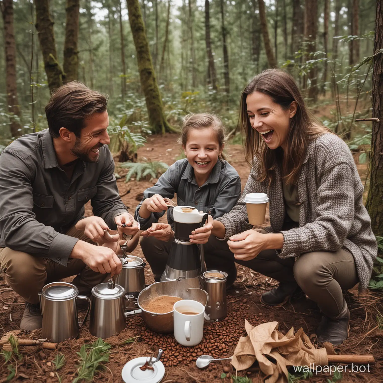 Generate a family of three, making coffee with laughter in the wild, and the coffee should be brown
