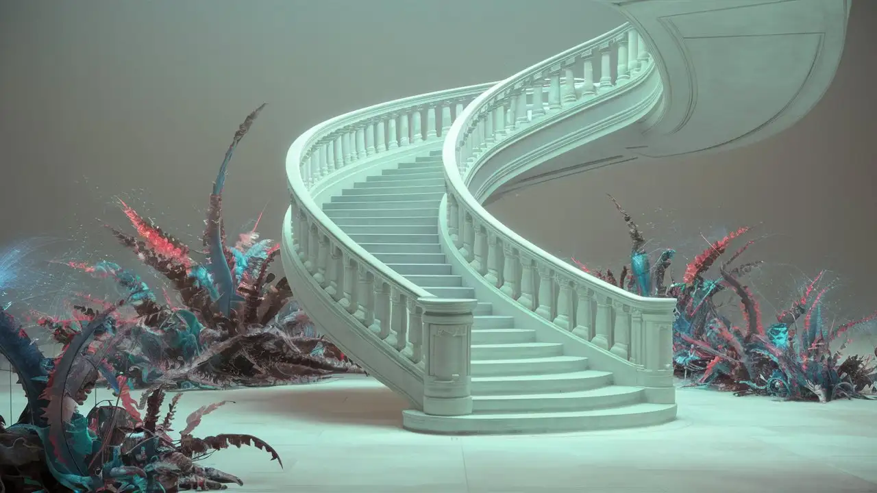 Slightly Curving grand staircase off center elegant cosmic plants no furniture heavenly ethereal 

