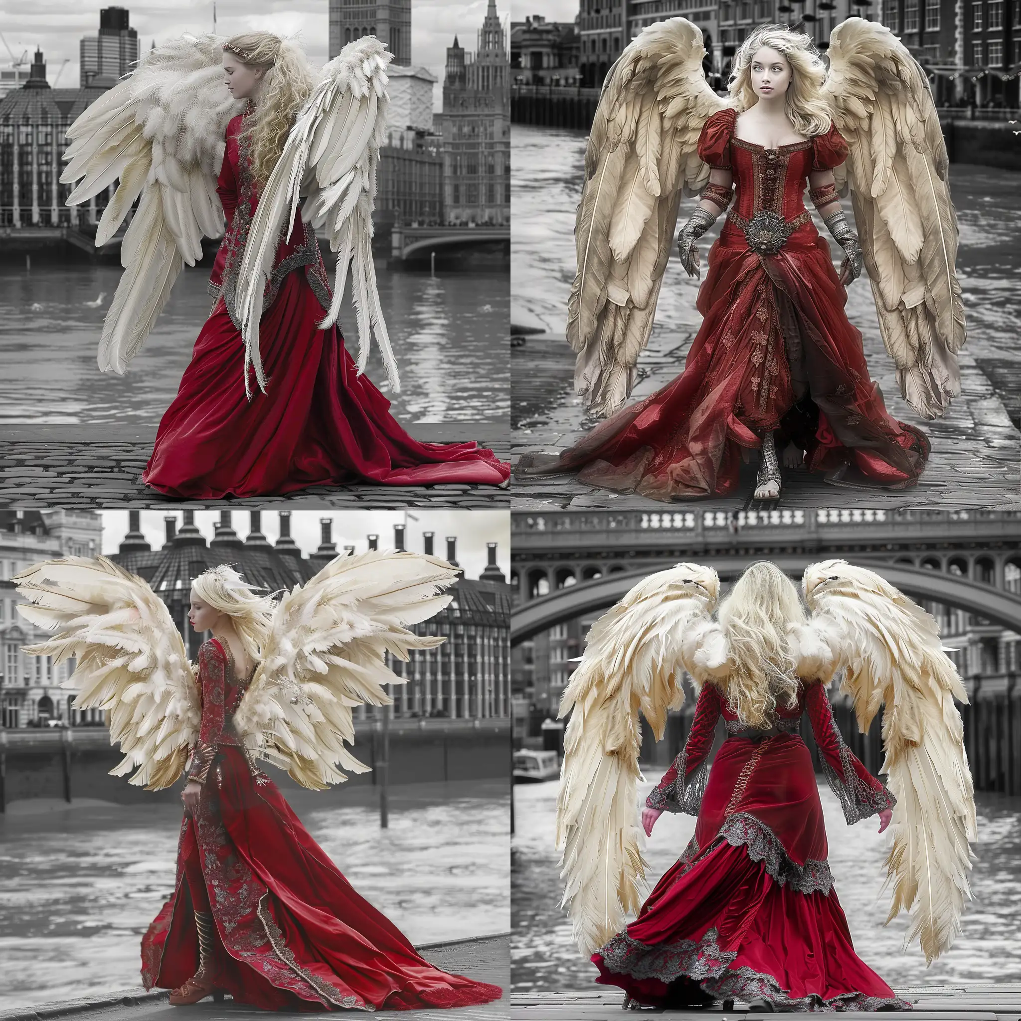 A photographic image of a beautiful woman with blonde , large cream feathered angel wings wearing a red medieval dress walking through black and white central London by the Thames. Beautiful magical mysterious fantasy surreal highly detailed