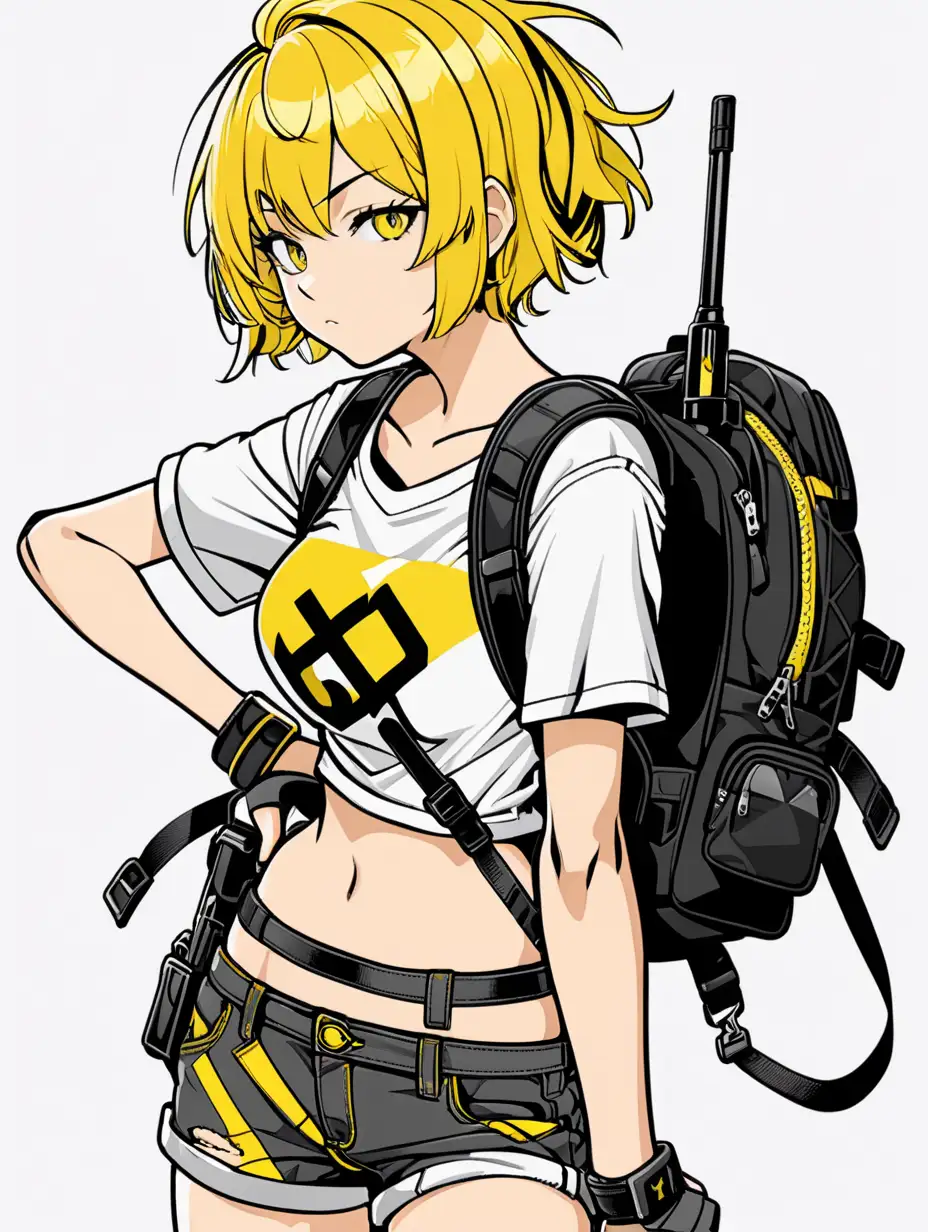anime adult woman hero short yellow hair with black highlights short white tshirt sexy midriff exposed cleavage suspenders ripped short yellow shorts black boots posterized halftone yellow black white 3 color minimal design with backpack and handguns in holsters on thighs full body long shot over the shoulder shot