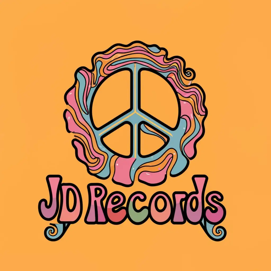 a logo design,with the text 'JD Records', main symbol:vinyl record, peace sign, 1970s, hippie, vibrant colors, bubble letters, text should be exactly  "JD Records",Moderate,clear background