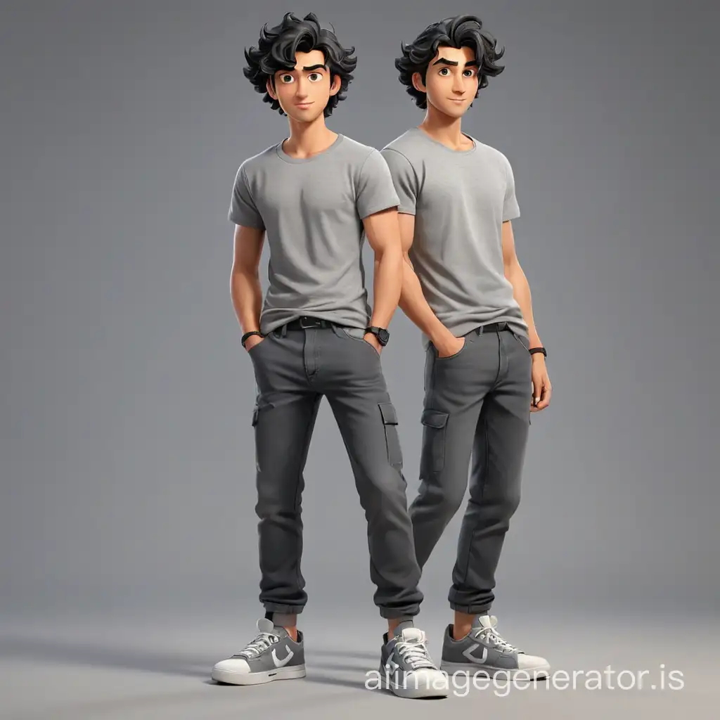 guy in cartoon style, a ironic look,  black wavy hairstyle, Wearing a grey T-shirt without inscriptions, dark jeans pants, hands on the chest, full-body shot, sneakers, full body, 2 poses, maximum detail, best quality, HD, gorgeous light and shadow, detailed design, 3D quality