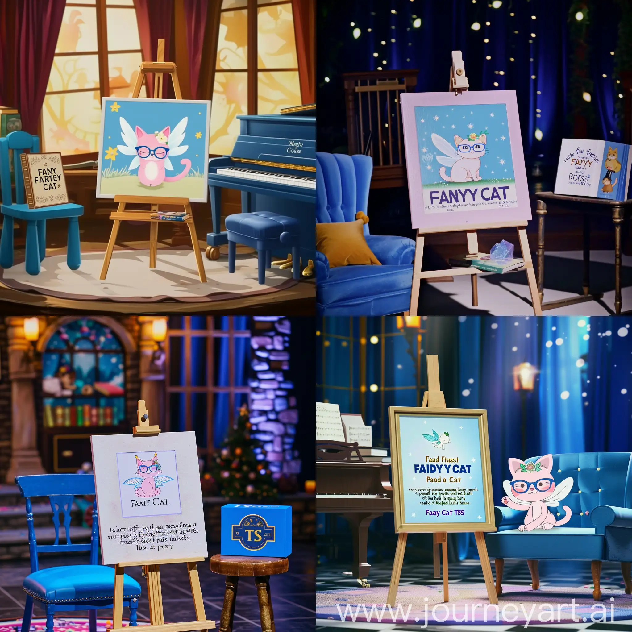 Showcase FAIRY CAT picture on easel on Magic Stage.  HOLDING BOOK with logo / or small easel with logo I wear blue glasses – sitting on Wishing Chair or Blue Chair Piano Musical Fairytale transition music 0.07 I had a little Toy Shop, and in it was a Fairy Cat Her name was Rosie and she was a lovely shade of pink Rosie was a very special cat with white fairy wings on her back And she had a pink bushy tail and wore a flower on her head  Rosie was the Prettiest Fairy Cat I ever did see She  loved to cuddle, pounce and play And strutted around like a proud princess in her stealthy way Let’s see if we can move like Rosie, Moving sneakily with our paws – and with a cat step called Pa De Sha (Pas De Chat) if we may…  0.43  Magic Blue Box end sound effect for time to get up 0.02 (show TS logo)– a bit longer? (CAT EARS to dance) and take picture and easel off stage. Sneaky Cat Music 0.32 Add cartoon pic of fairy cat and the word FAIRY CAT to screen when dancing