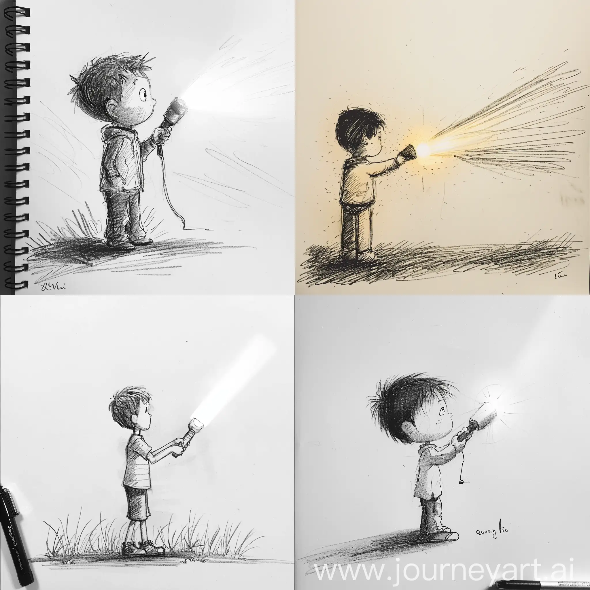 Drawing of a boy holding a flashlight shining at Quan Vu