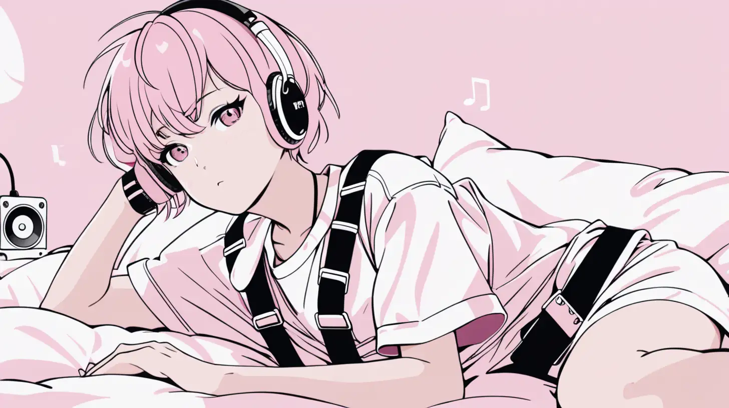 Minimal Design Anime Girl Hero Listening to Music on Bed