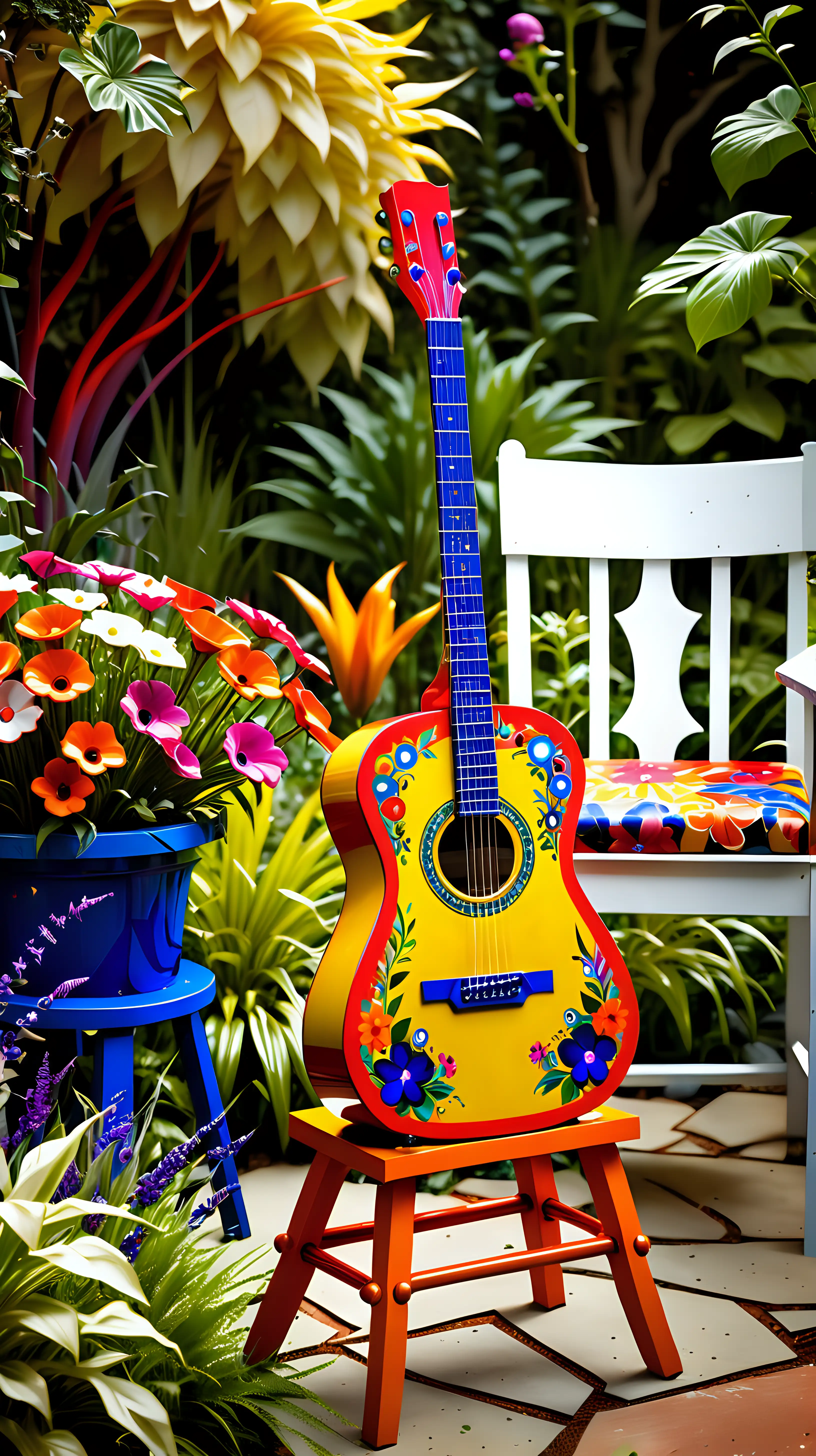 /imagine prompt: A flamboyant, brightly colored guitar propped up on a quirky, artistically designed stool, standing upright in a vibrant garden. The surrounding flowers and greenery enhance the guitar's colors, with the outdoor light bringing the scene to life. Created Using: Bold colors, detailed floral background, artistic stool design, outdoor lighting, vivid style, natural setting, dynamic contrast --ar 1:1 --v 6.0
