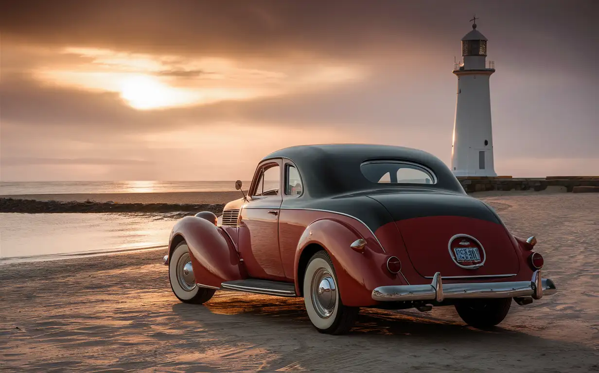 Retro car on the seashore with a lighthouse in the background