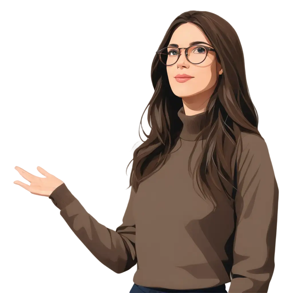 Woman's head with glasses, long brown hair, cartoon primoitive childish style