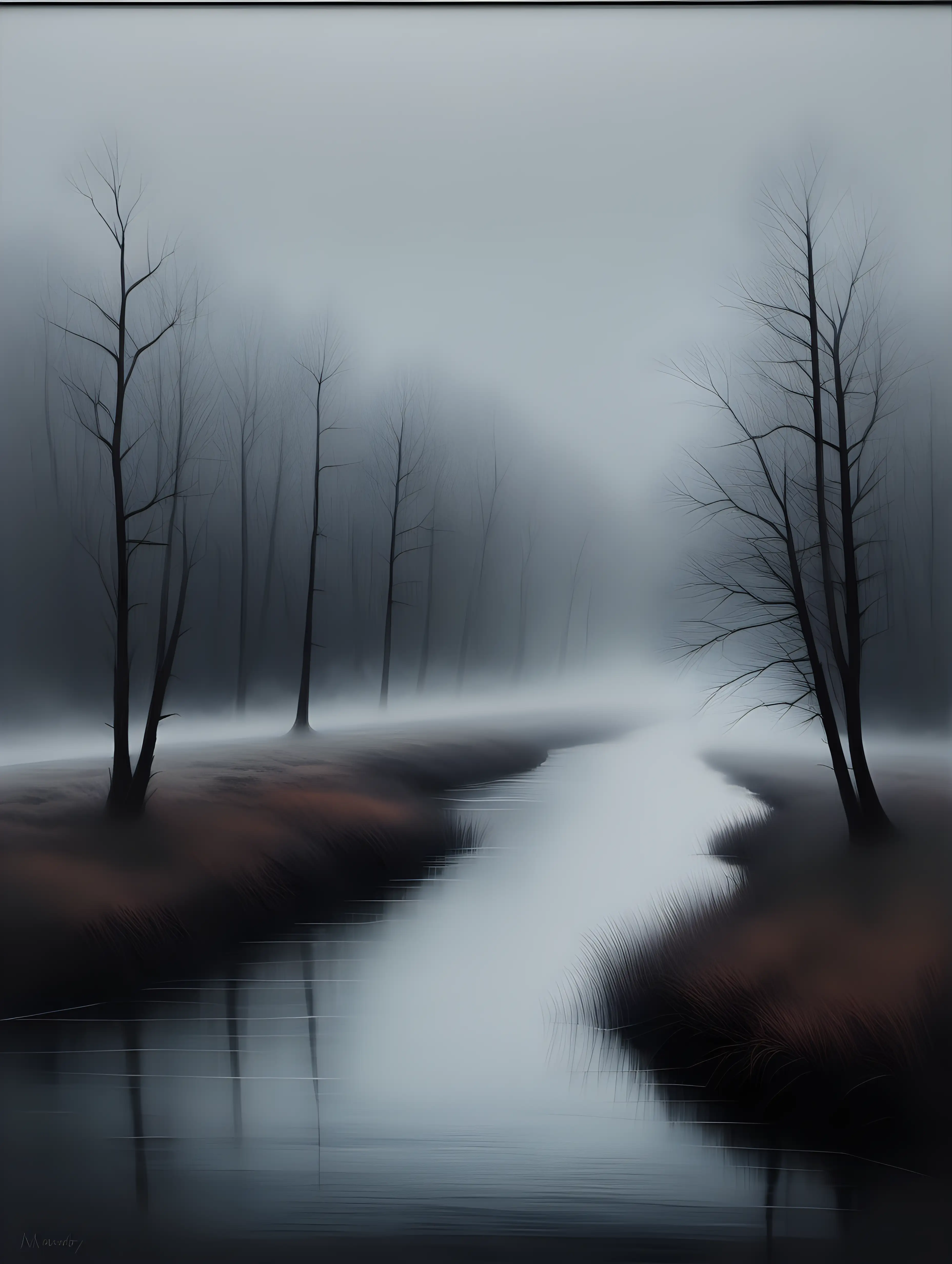 Serene Misty River in Minimalist Oil Painting