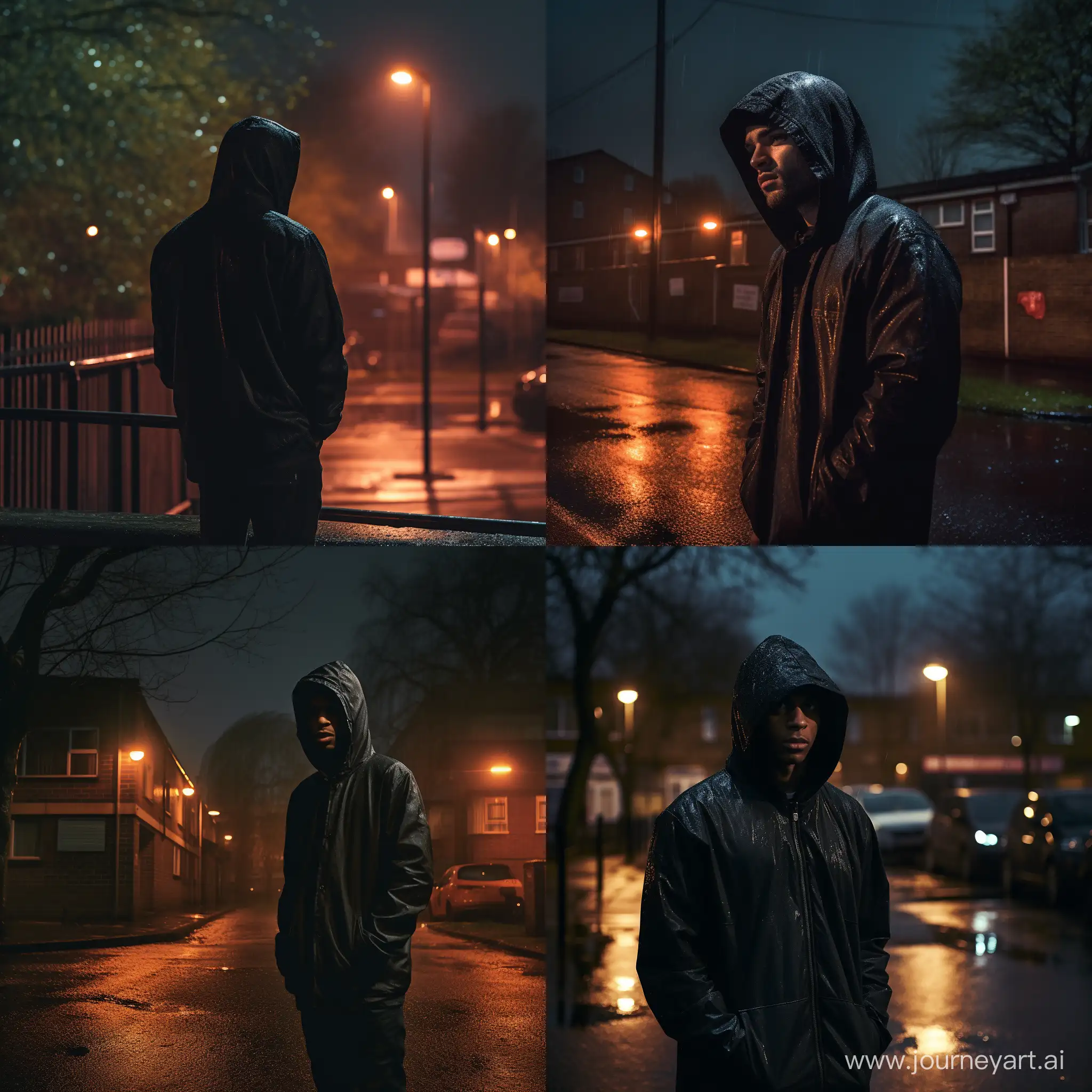 realistic image of a london roadman standing alone by a council estate in london at night, under dimly lit orange streetlights and its raining, he is wearing all black sportswear with his hood up, the vibe is dark and atmospheric and mysterious