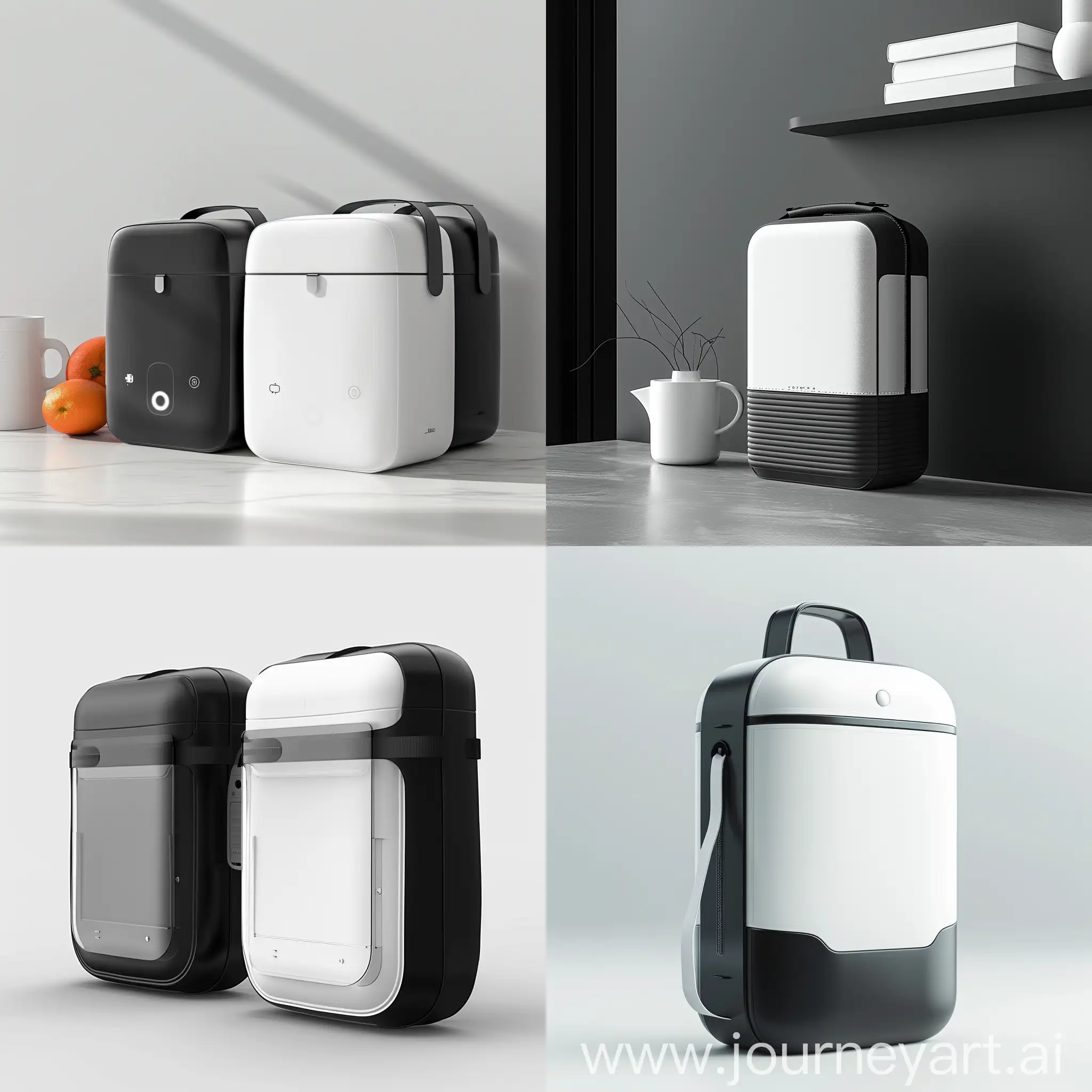 An innovative concept of a non-electric compact frozen food warmer bag designed in a sleek, modernist style, influenced by Bauhaus principles, with a minimalist color palette of black and white, high contrast, emphasizing functionality and efficiency
