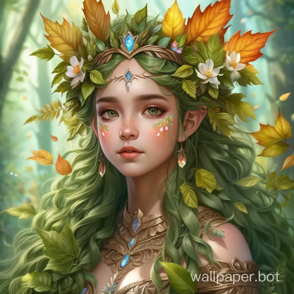 Imagine a tender emotional forest princess, in full height, dressed in leaves flowers. Clear skin. Stunning bright full-color images, canvas, oil, artstation trends, sharp focus, studio photo, front view, intricate details, high level of detail