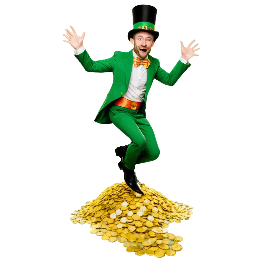 a cheerful leprechaun wearing a top hat is jumping on heap of gold coins