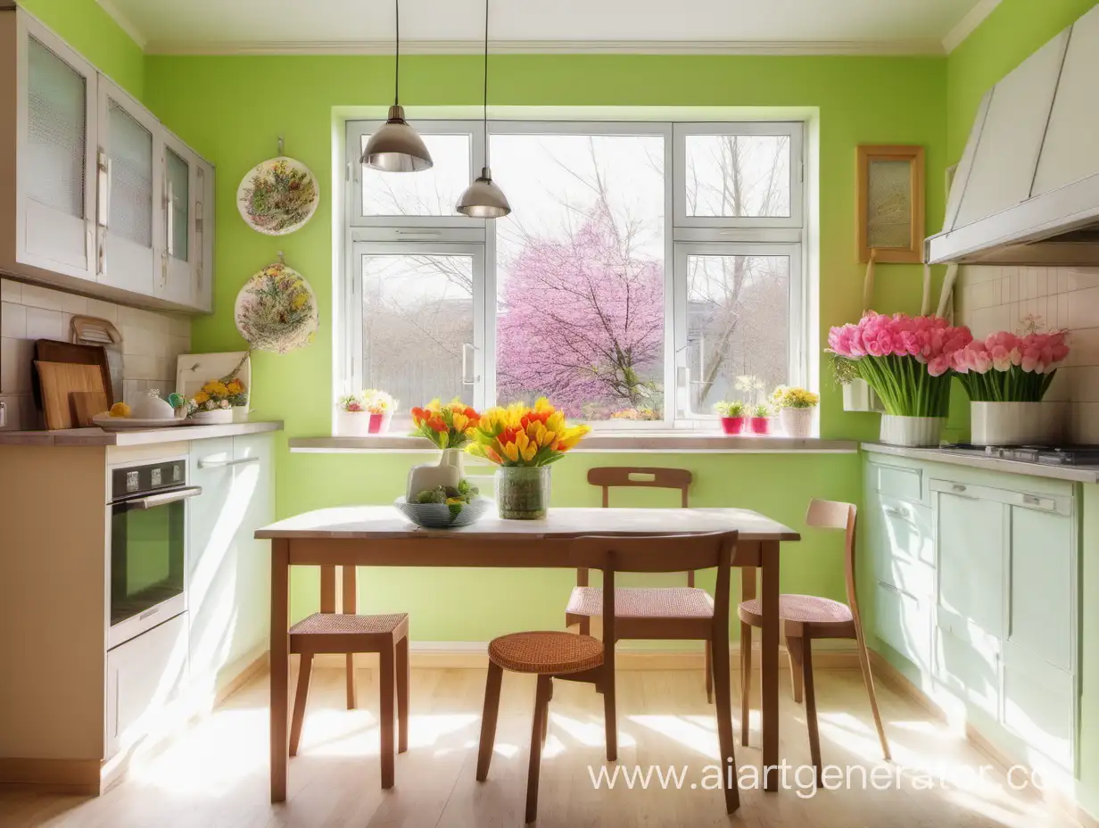 яркая весенняя картинка с небольшим количеством цветов и корпусной кухонной мебелью