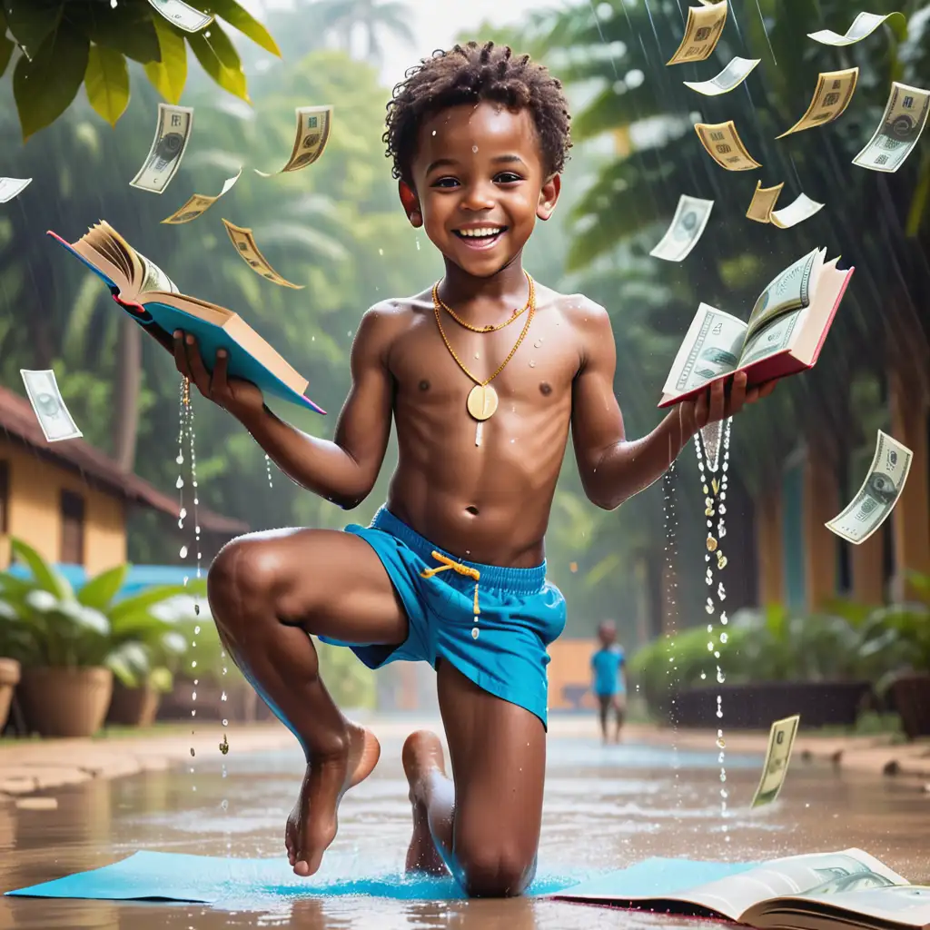 happy shirtless african black boy barefoot with blue short with book with golden necklace raining money
