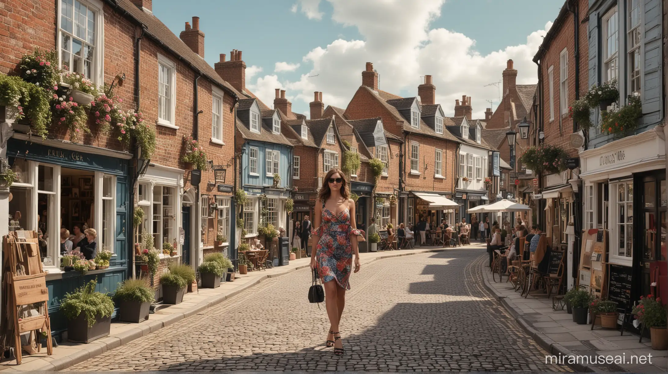 Show me a realistic image of the town of Sandwich, UK having a high couture super fun and over the top fashion show in their streets