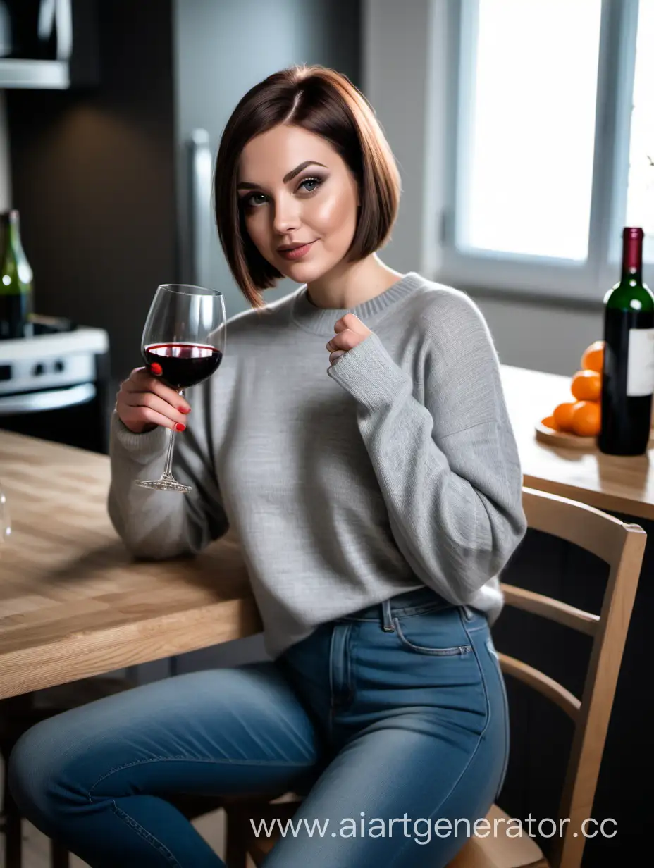 Charming-Brunette-Enjoying-Wine-at-Kitchen-Table