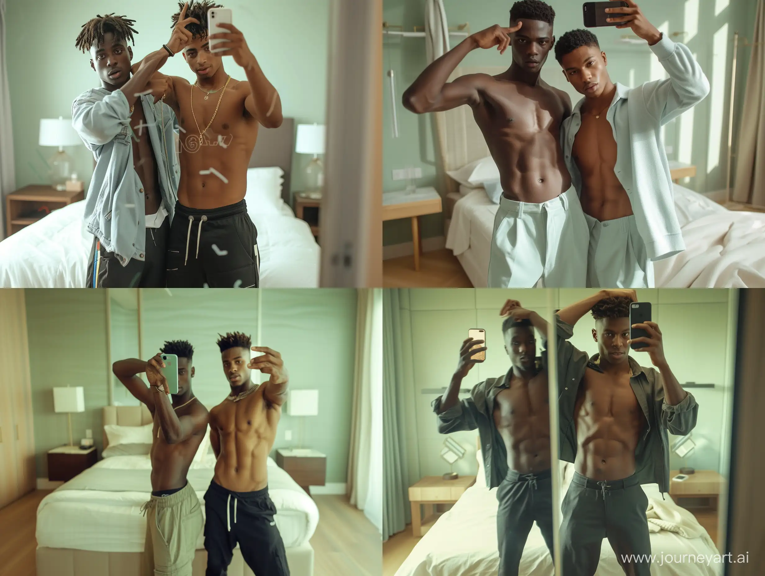 Two young men in modern streetwear, one African American and one Latino, taking a mirror selfie with an iPhone in a modern bedroom. They are posing by lifting their shirts with one hand to show their abs. The bedroom has light green walls and wood floors, with a bed and nightstand. Taken with a 35mm lens on a DSLR camera, from a close perspective looking up at them posing in a full length mirror.