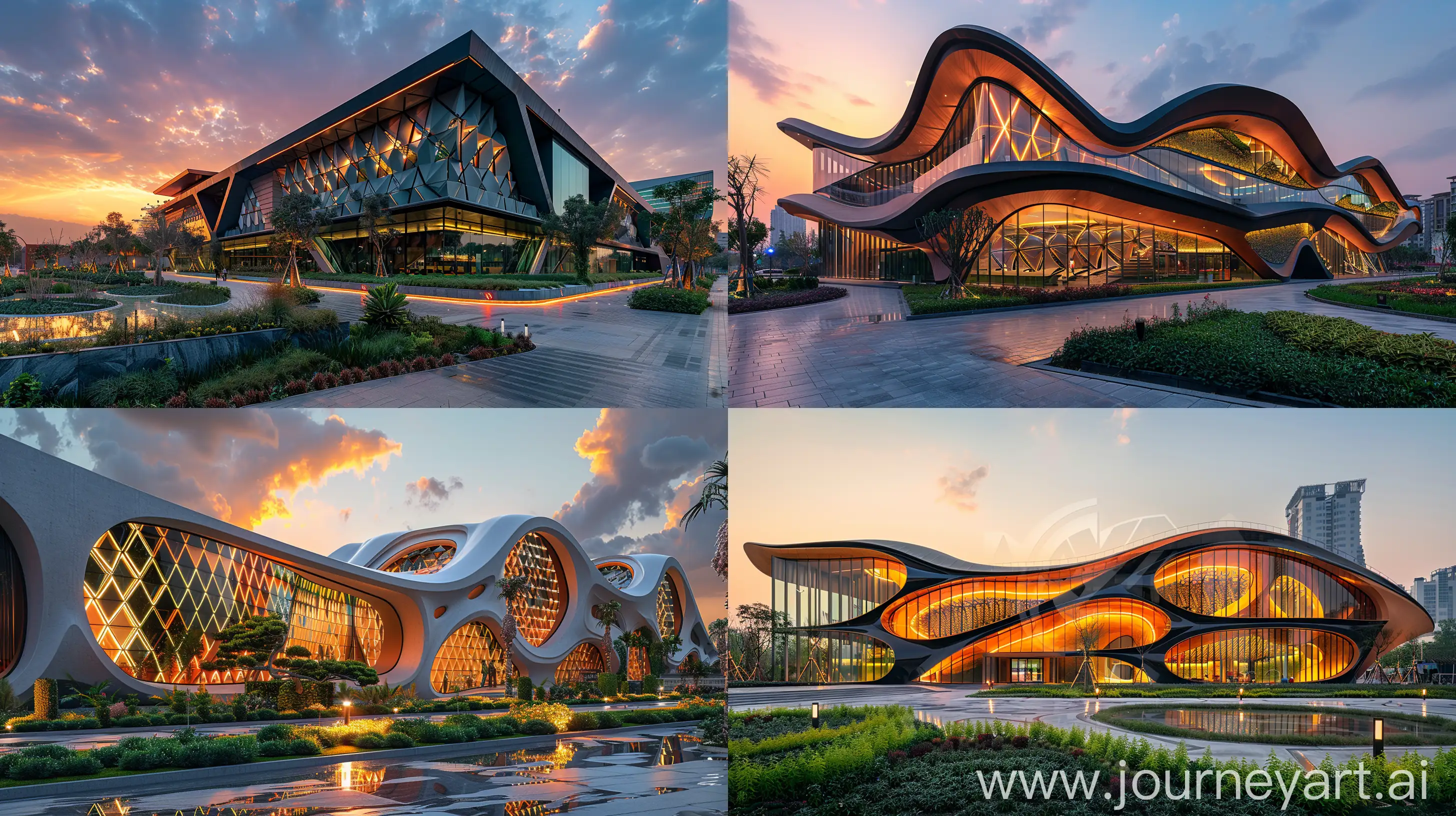 contemporary architecture, bioinspired kinetic pavillon, sinusoidal facade with triangular panels, plaza in a urban landscape with greenery, ground-shot view at sunset --ar 16:9 --chaos 0 --stylize 500  