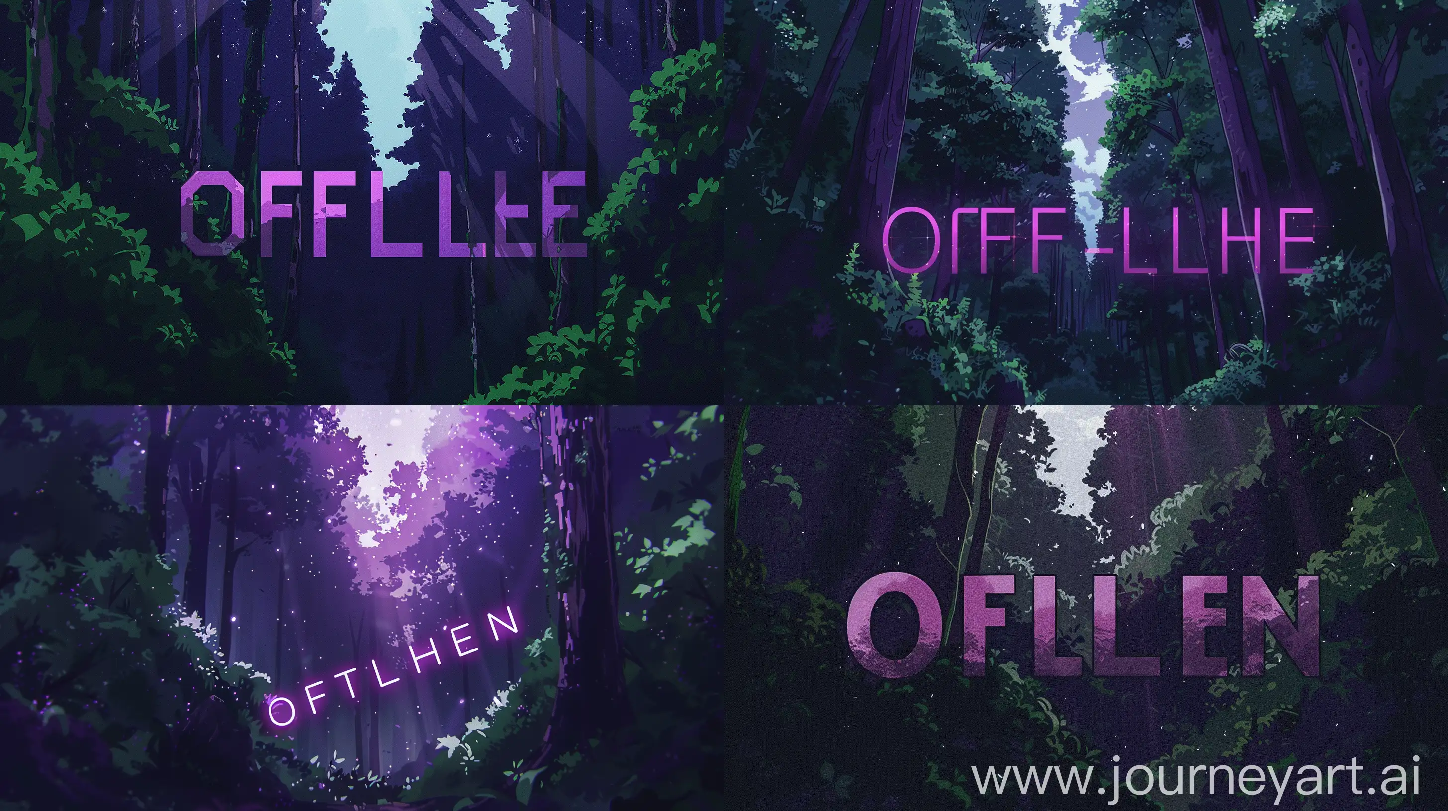 The inscription "OFF-LINE" in dark purple against a forest background. Anime style --ar 16:9