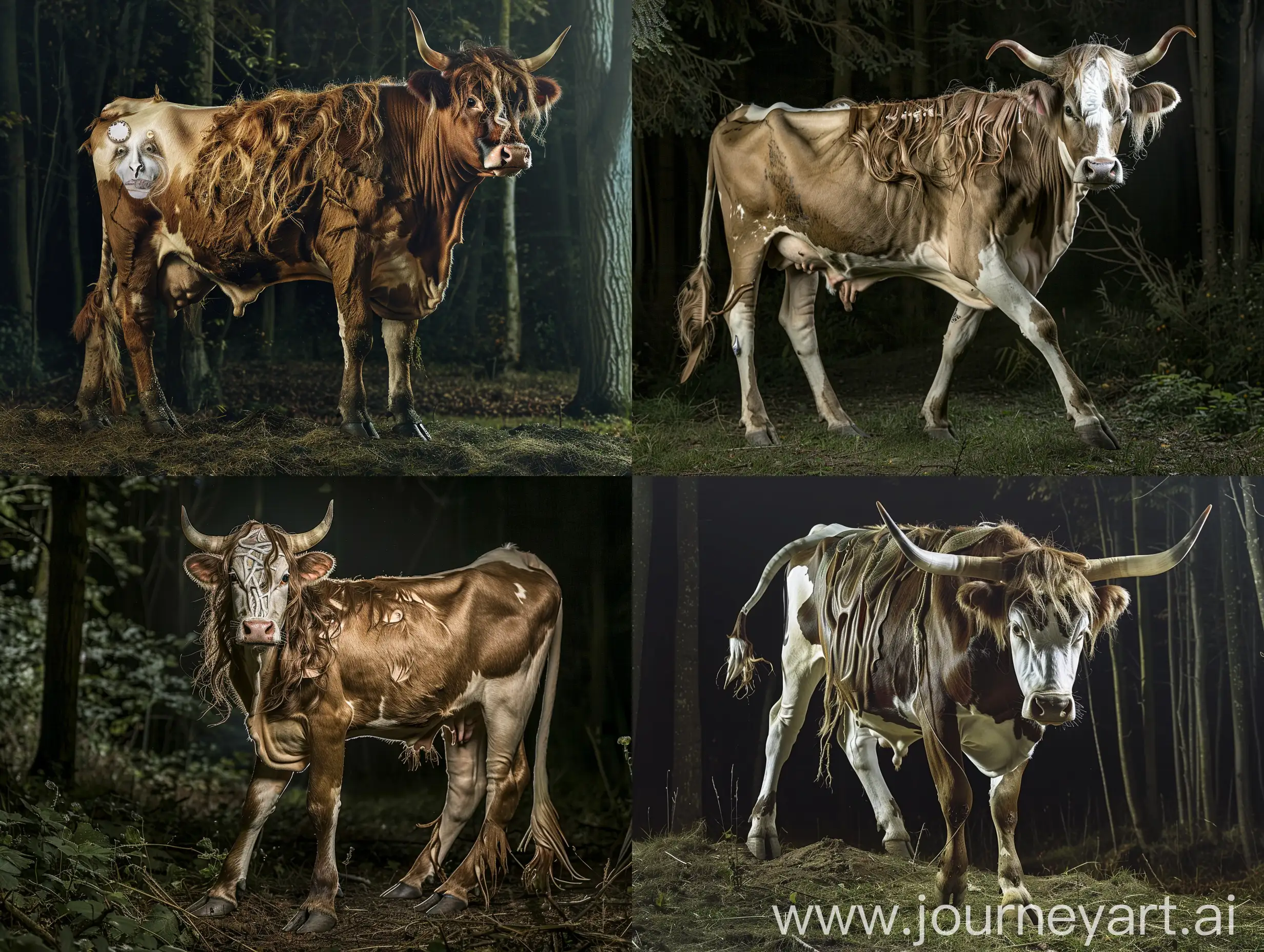 A cow. She has a white human face and loose brown hair. She has hooves, a tail, horns and udders. She is standing on all fours in a forest at night. She has talons for feet. Realistic photograph, full body picture.
