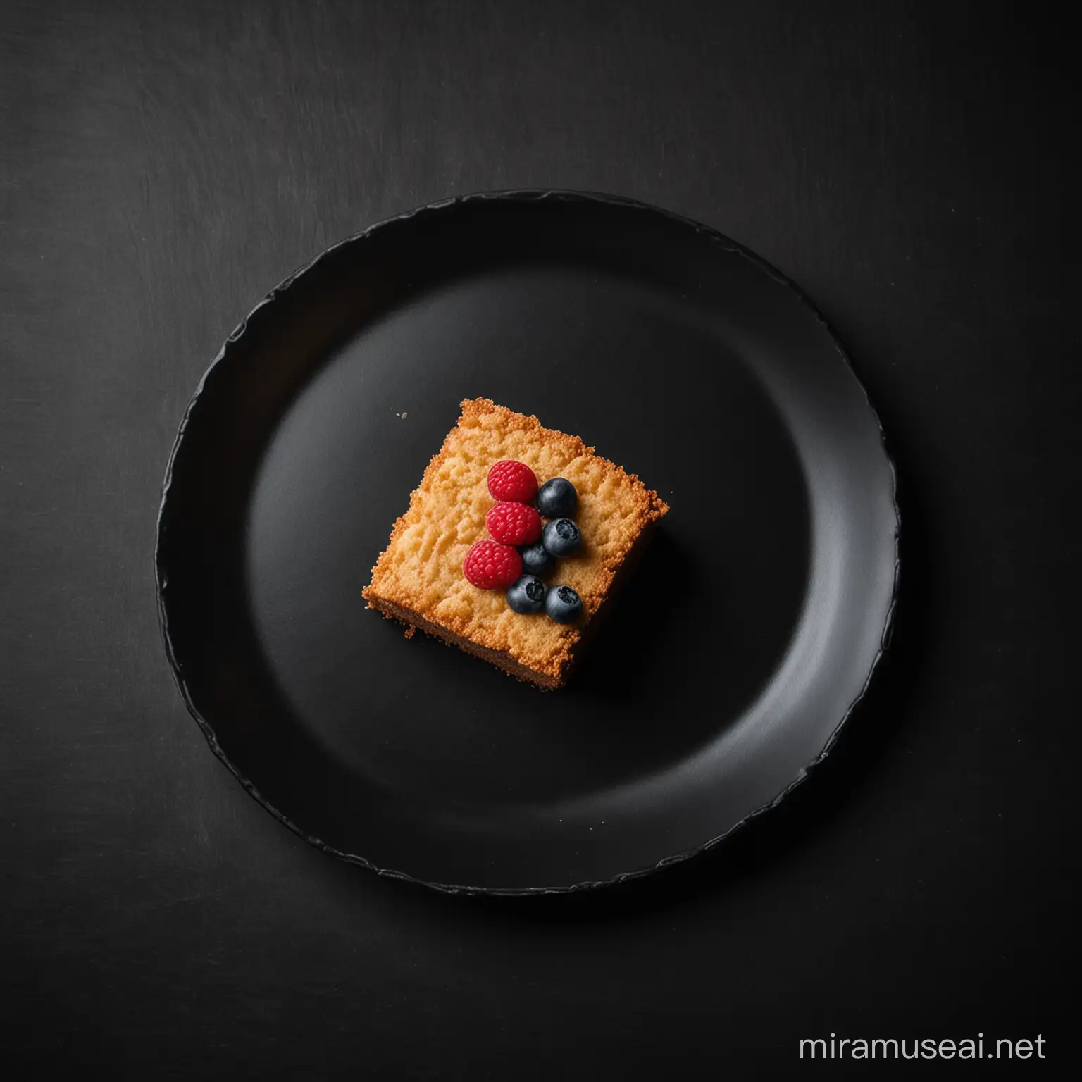 black plate with a cake in black background
