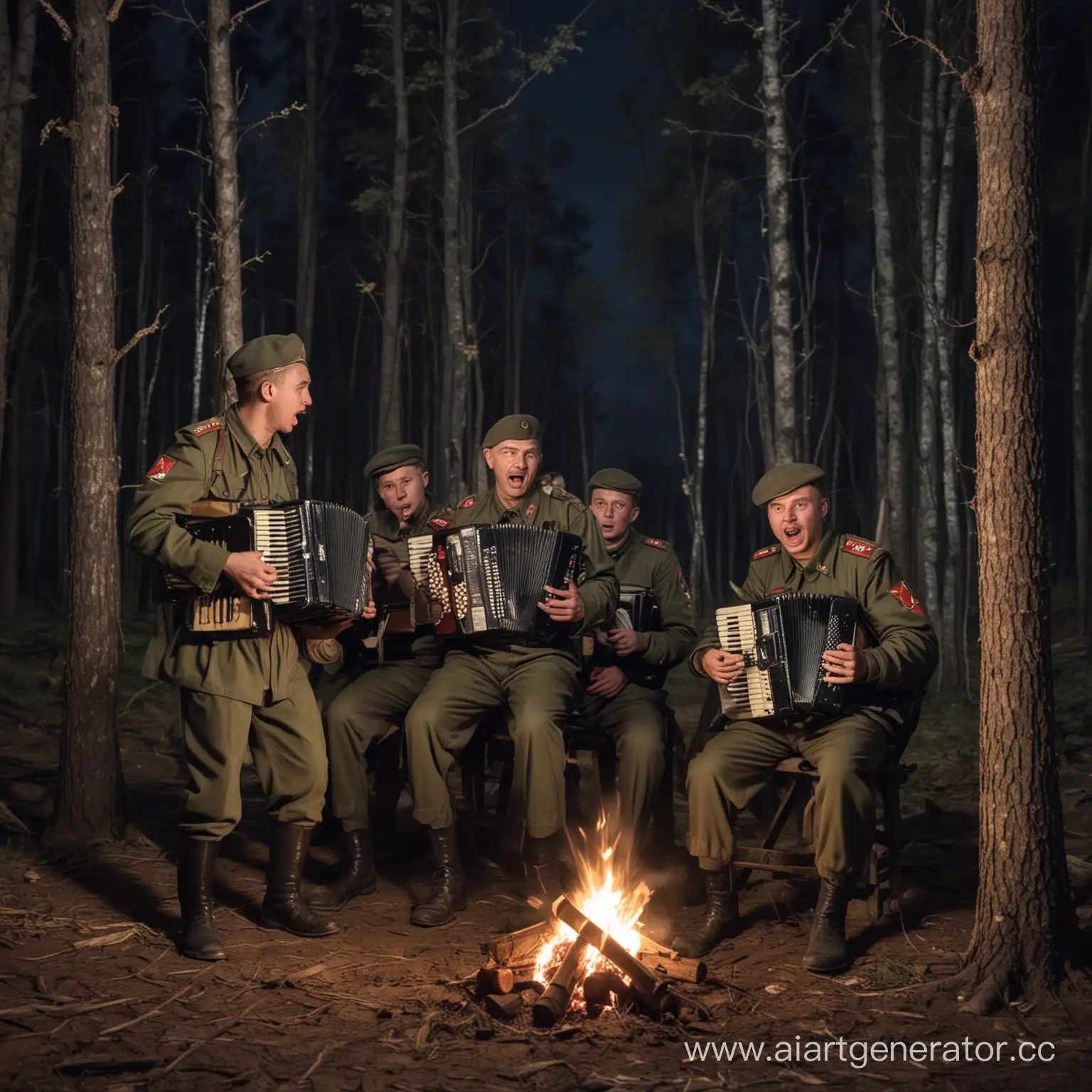 Soviet-Soldiers-Singing-Songs-with-Accordion-Around-Bonfire-in-Forest-at-Night