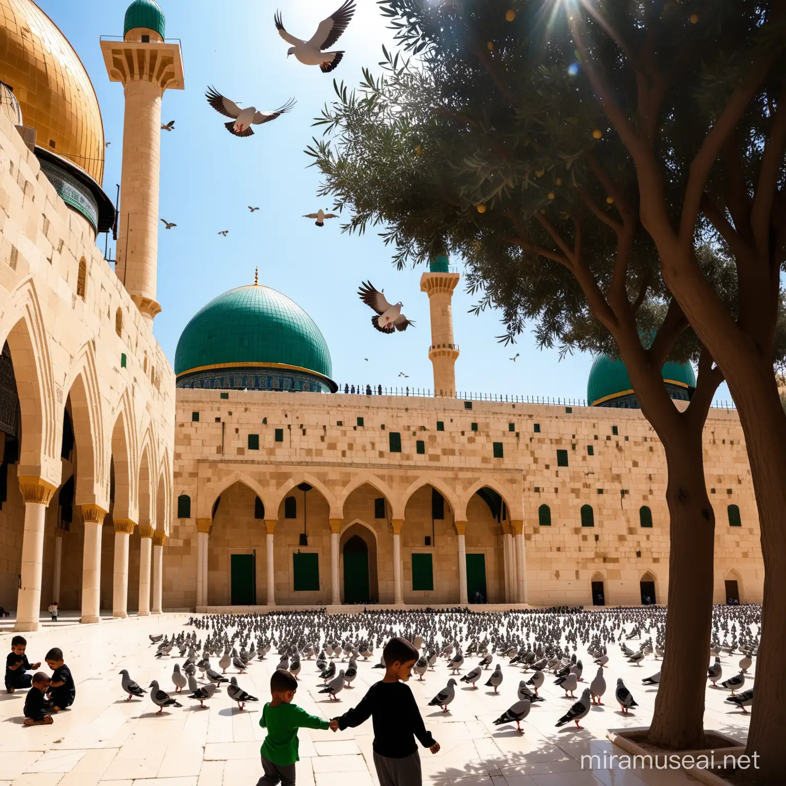 Many children of Gaza are in Al-Aqsa mosque with happiness playing.
Atmosphere heavenly, pigeons, olive trees.