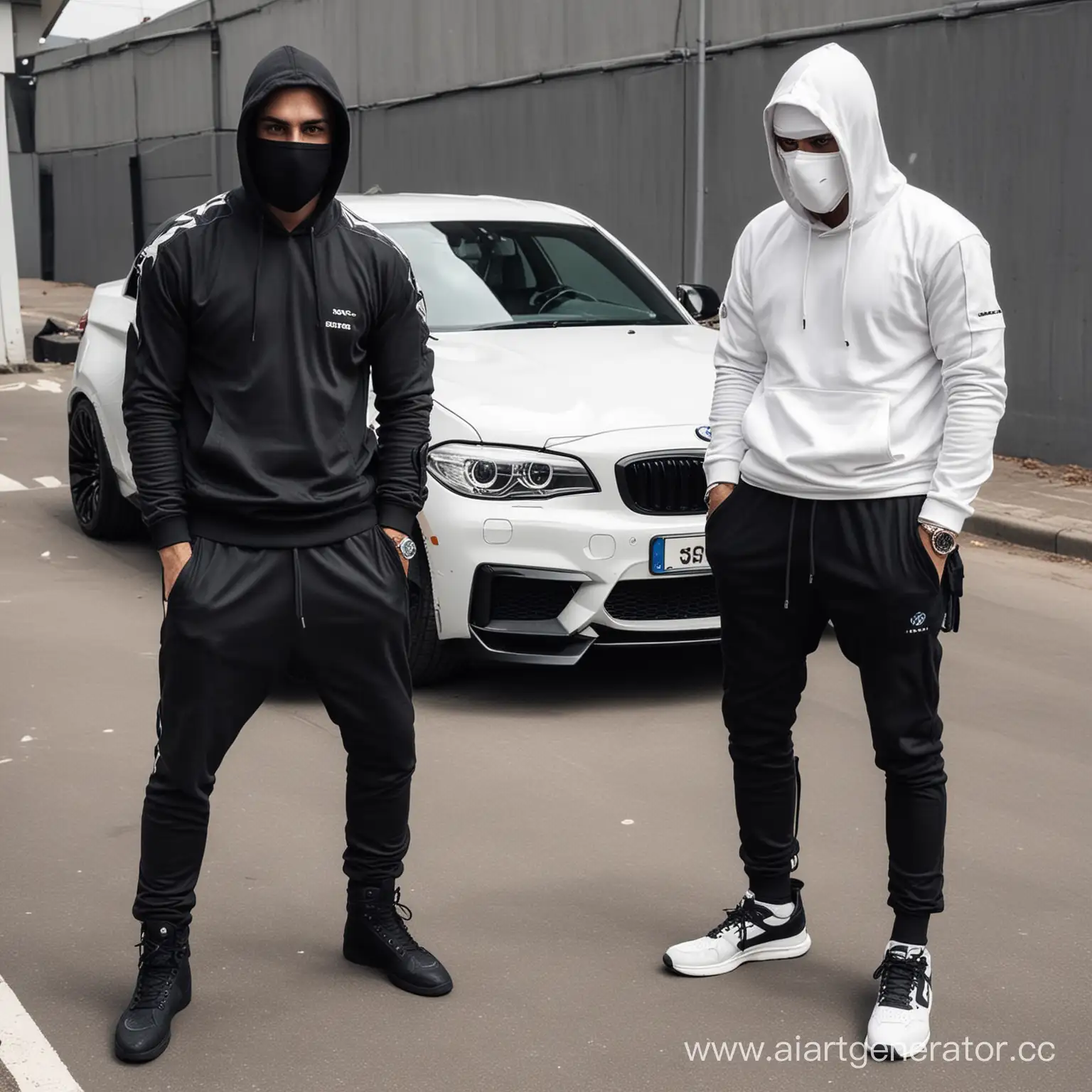 Two-Men-Posing-Next-to-a-BMW-Dressed-as-Bandits