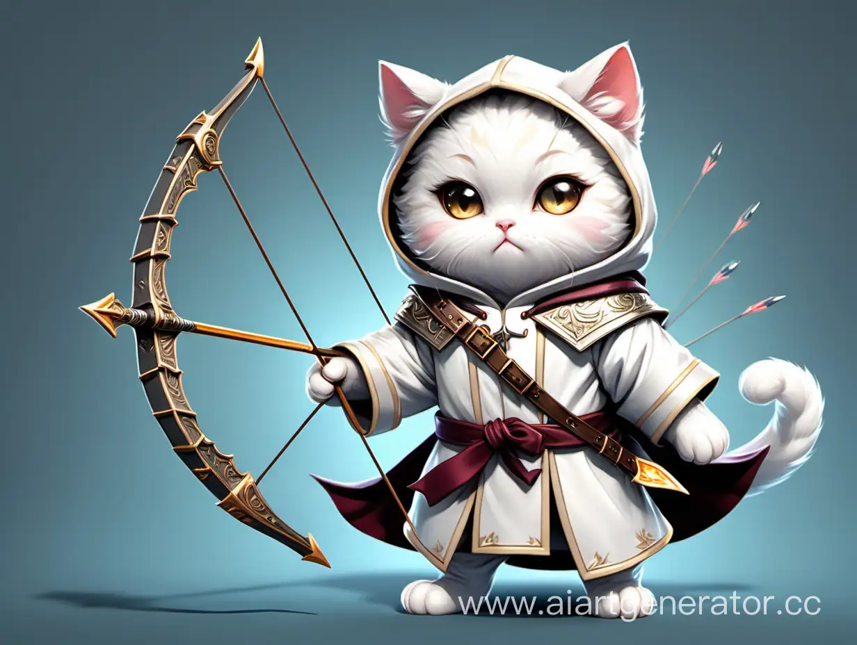 Cute-White-Cat-in-Robe-and-Armor-with-Bow-and-Arrows