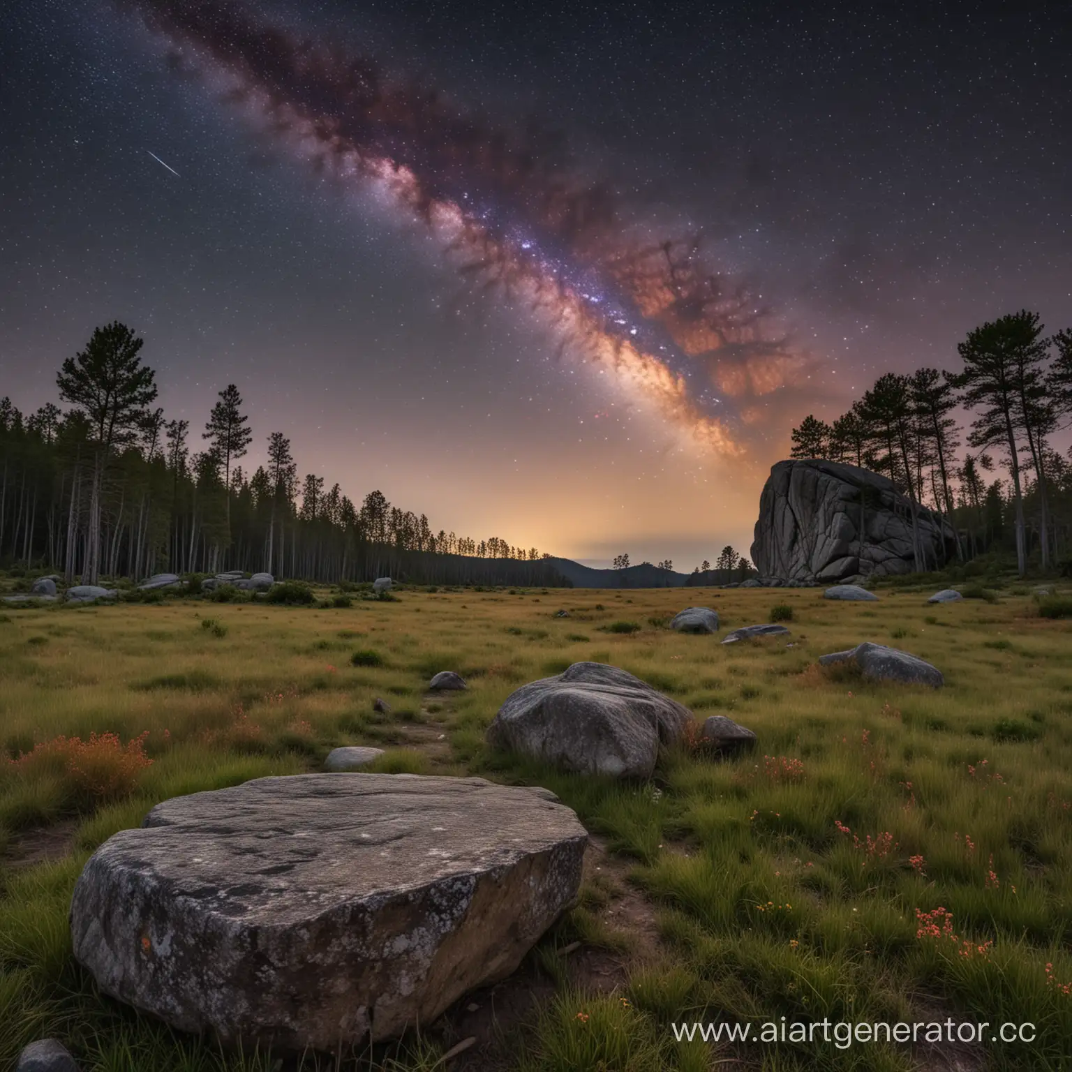 Enchanted-Night-Sky-with-Colorful-Stars-and-Lone-Rock