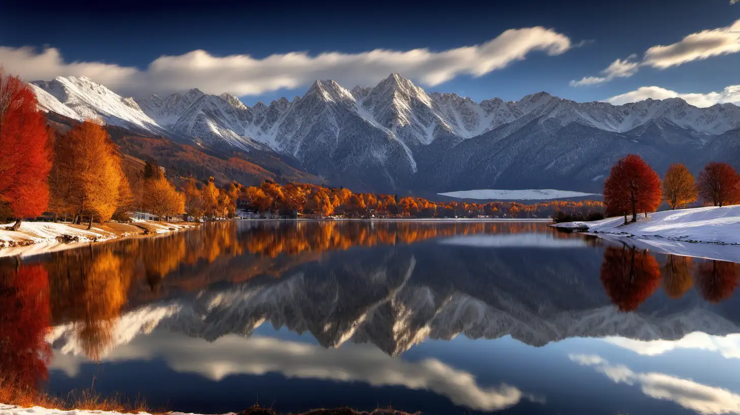 lake, mountains, clouds, reflection, autumn trees, snow
