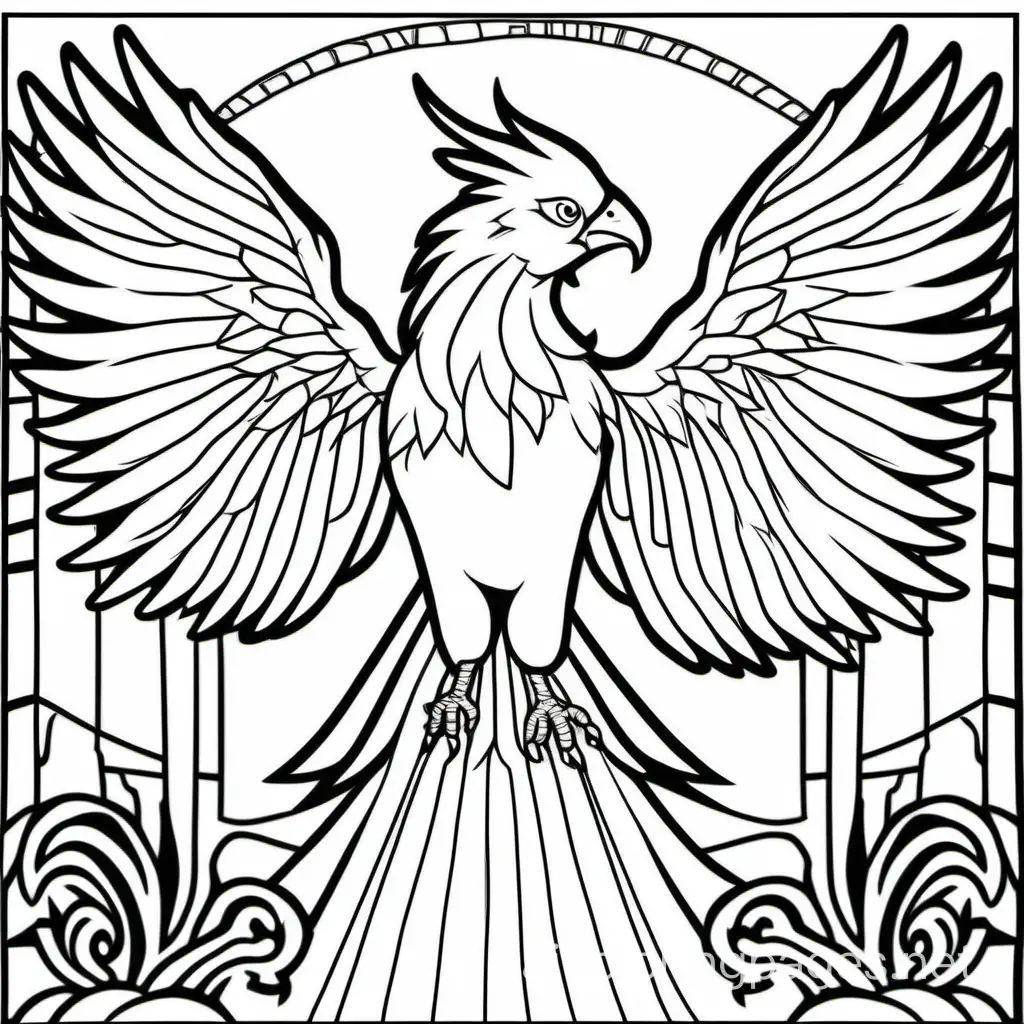 phoenix, Coloring Page, black and white, line art, white background, Simplicity, Ample White Space. The background of the coloring page is plain white to make it easy for young children to color within the lines. The outlines of all the subjects are easy to distinguish, making it simple for kids to color without too much difficulty