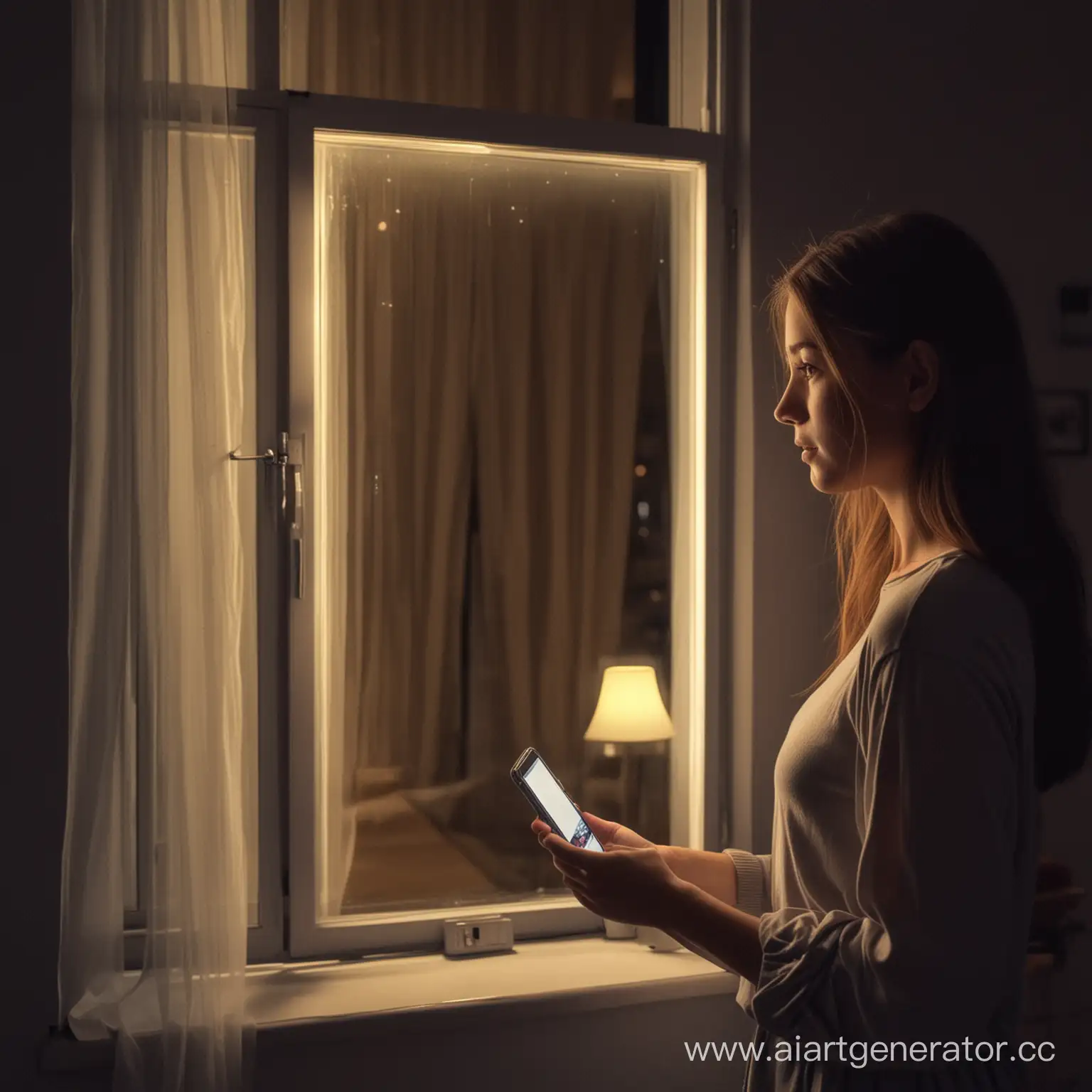 девушка стоит возле окна,ночь,в лицо ей светит экран телефона,в комнате стоит лампа,лампа еле светит,в окне видно фонари,пустая улица