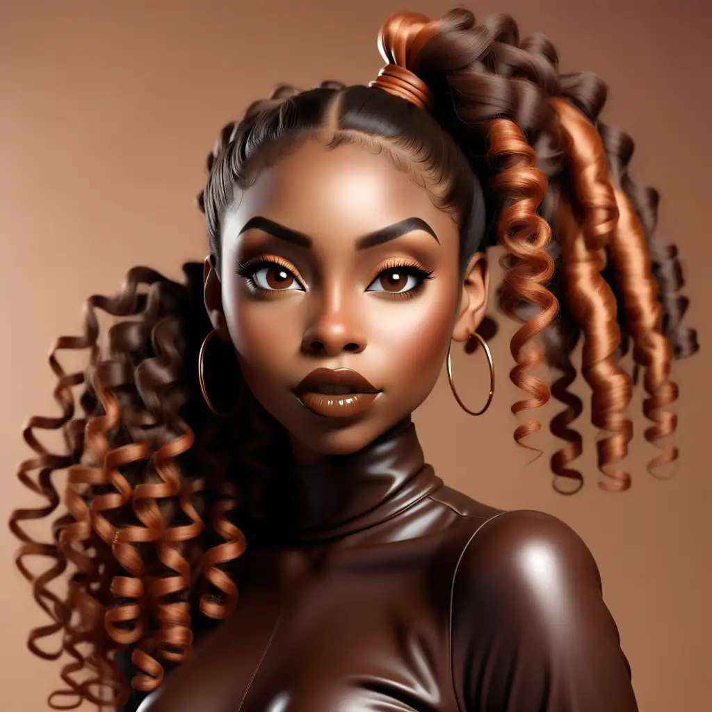 Images of a beautiful dark brown skin black woman wearing ginger colored long ponytail curly hairstyle. Modeling a soft pretty makeup look wearing a dark colored chocolate brown lip gloss. She is wearing a chocolate brown leather top