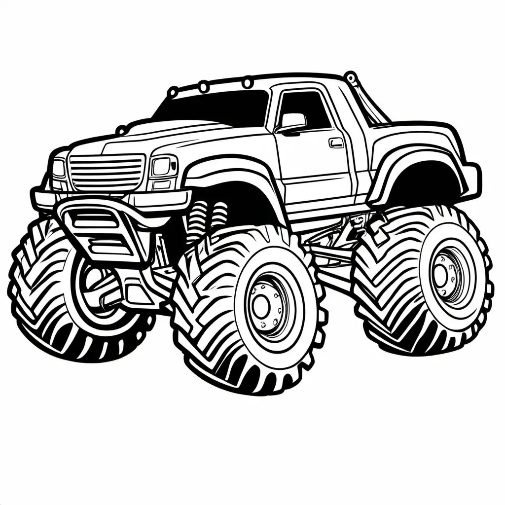 Monster truck no background , Coloring Page, black and white, line art, white background, Simplicity, Ample White Space. The background of the coloring page is plain white to make it easy for young children to color within the lines. The outlines of all the subjects are easy to distinguish, making it simple for kids to color without too much difficulty